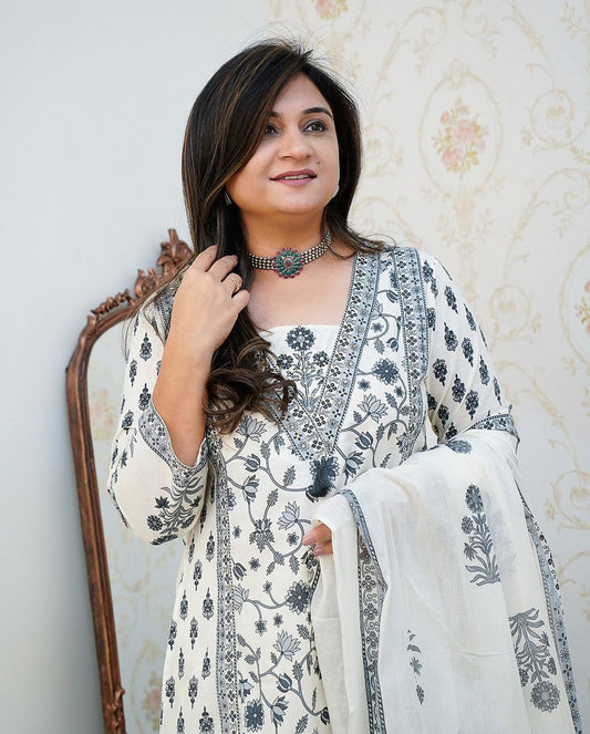 New Floral Motif Printed Cotton kurta Set the kurta and Pleated Salwar and Soft Cotton Dupatta