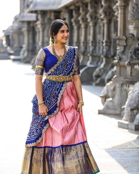 Kanchi Pattu Lehenga Choli Paired with CutWork Bandhani