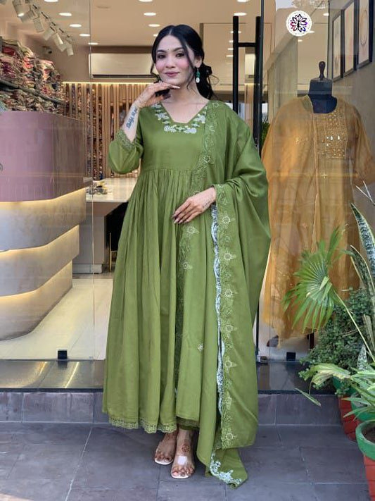 Bitalian Fabric Fully Stitched Top-Bottom & Chanderi Dupatta With Embroidery Work