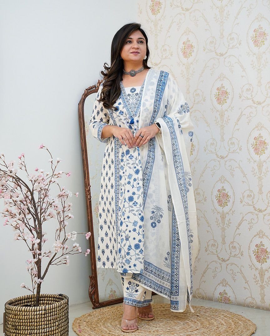 New Floral Motif Printed Cotton kurta Set the kurta and Pleated Salwar and Soft Cotton Dupatta