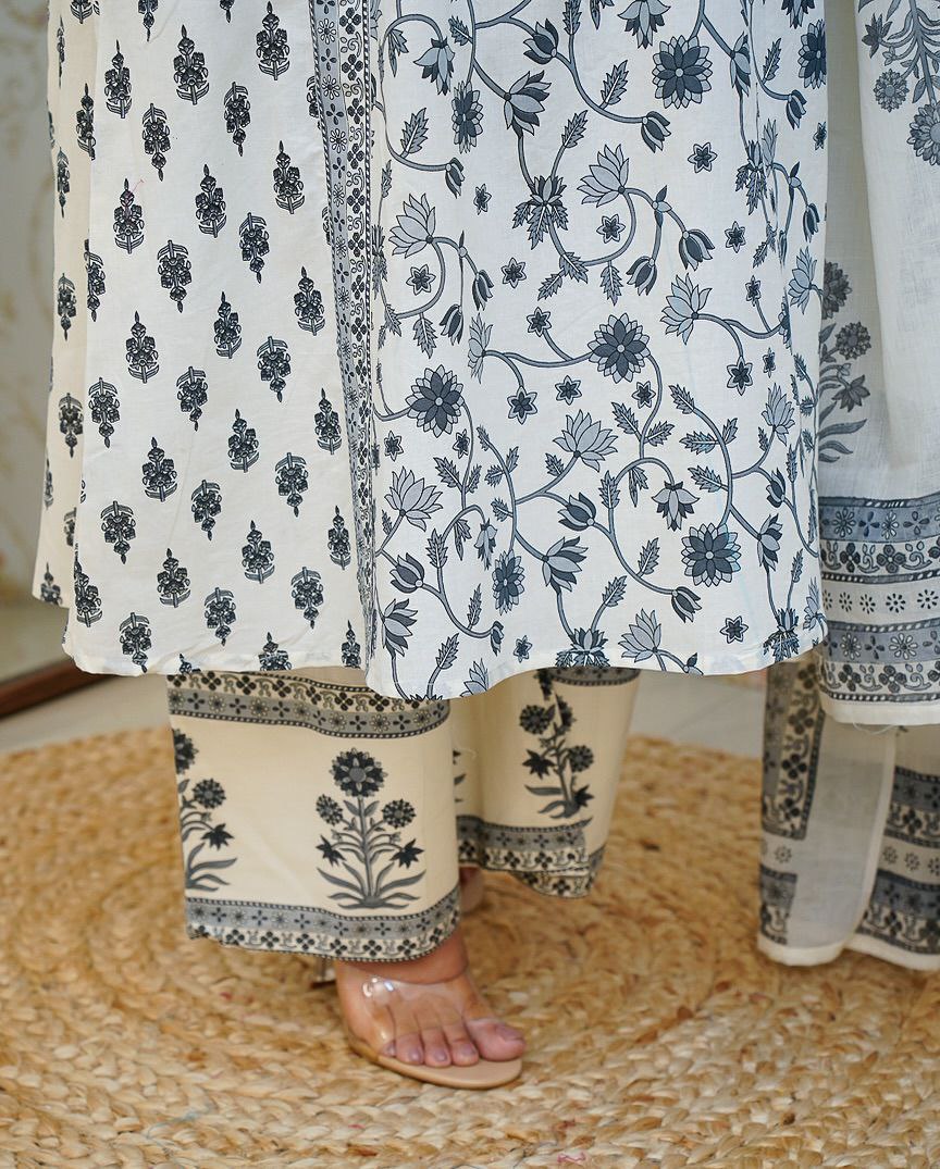 New Floral Motif Printed Cotton kurta Set the kurta and Pleated Salwar and Soft Cotton Dupatta