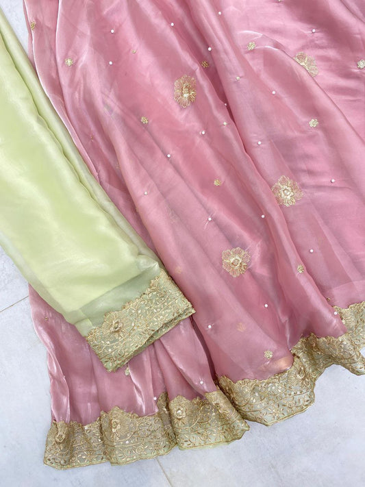 Fabric Sequence Embroidered Work Flared Top and Pant With Dupatta