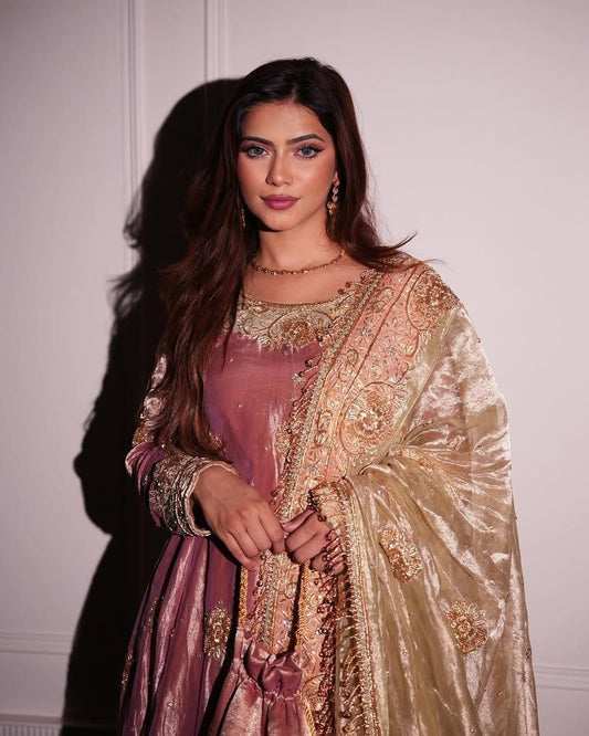 Fabric Sequence Embroidered Work Flared Top and Pant With Dupatta