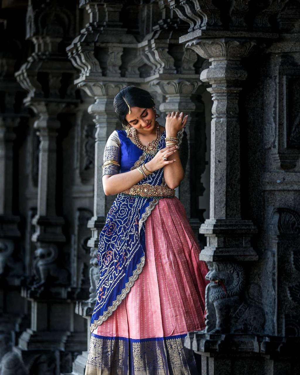 Kanchi Pattu Lehenga Choli Paired with CutWork Bandhani