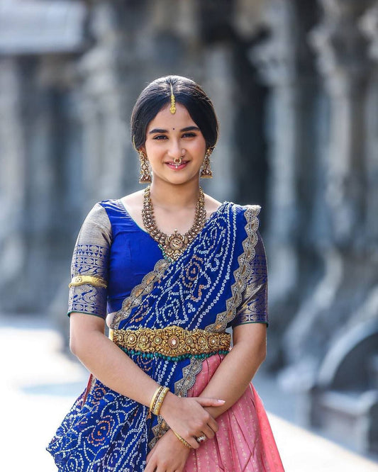 Kanchi Pattu Lehenga Choli Paired with CutWork Bandhani