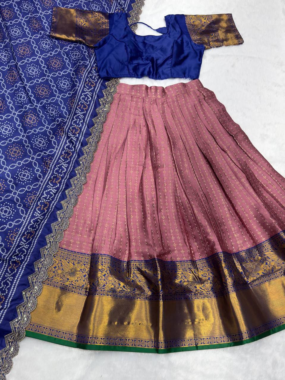 Kanchi Pattu Lehenga Choli Paired with CutWork Bandhani