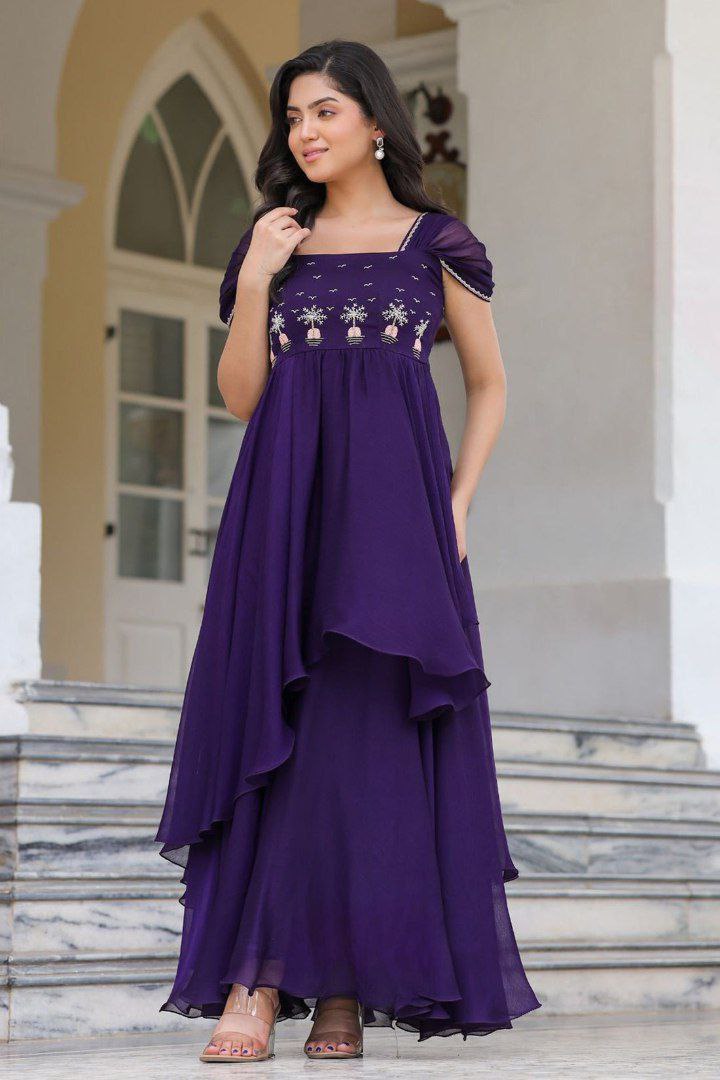Georgatte gown with intricate handwork exudes traditional charm, perfect for any occasion