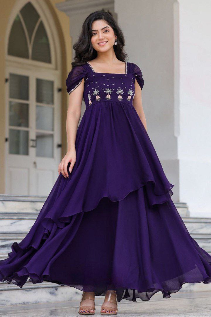 Georgatte gown with intricate handwork exudes traditional charm, perfect for any occasion
