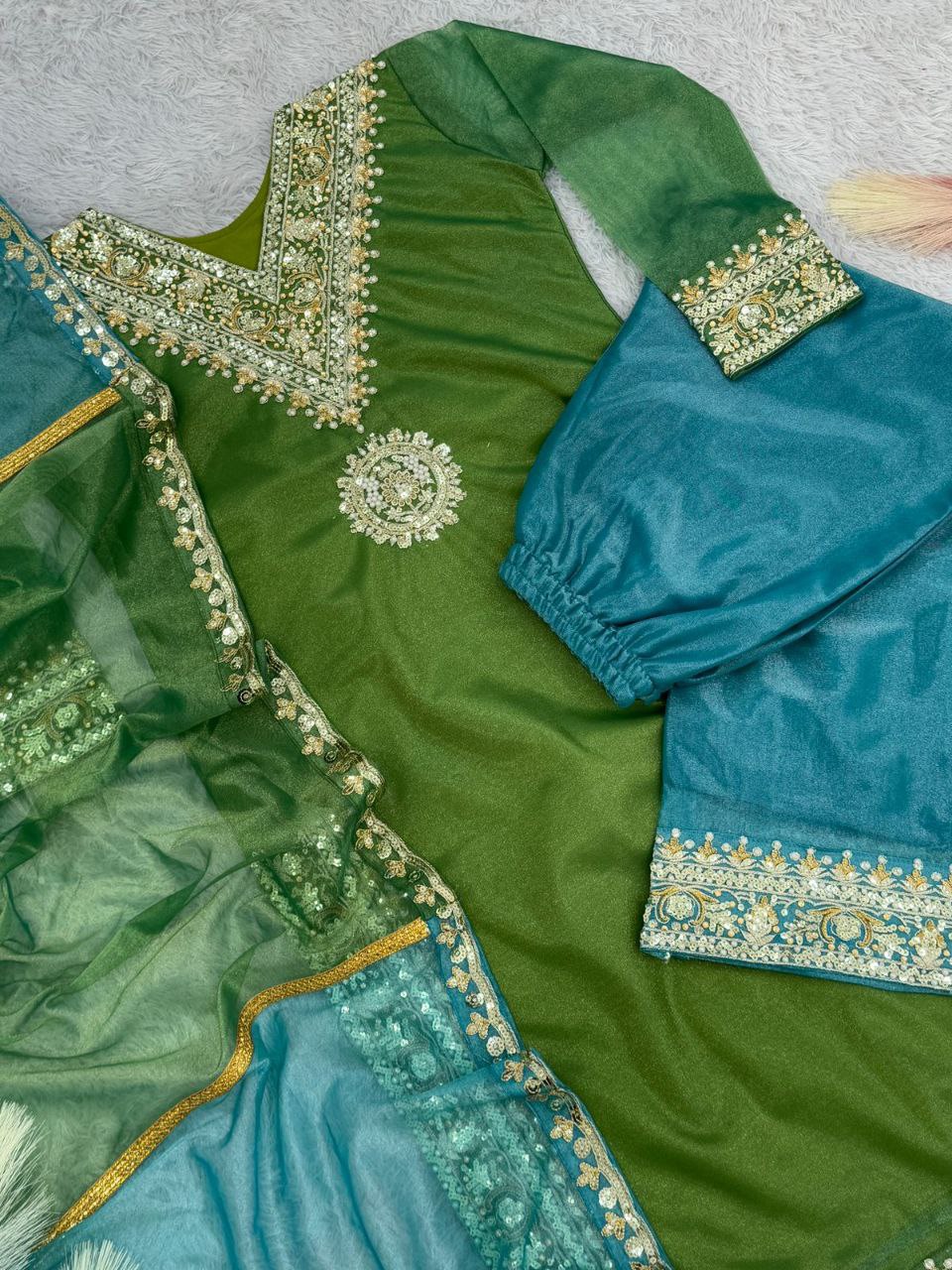 Elegant 3-Piece Set: Work Top, Palazzo & Dupatta