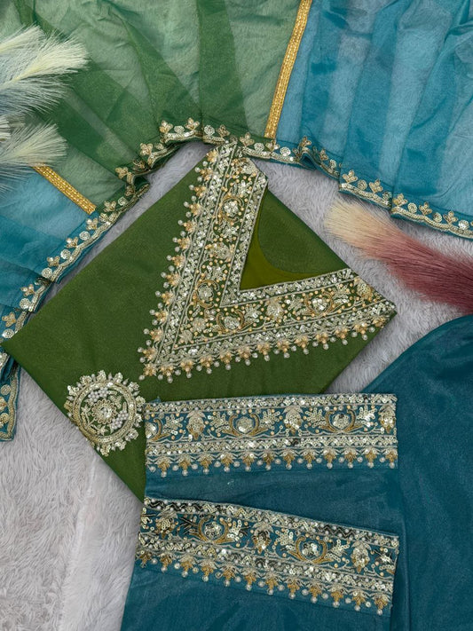 Elegant 3-Piece Set: Work Top, Palazzo & Dupatta