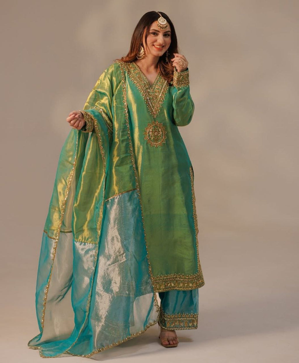 Elegant 3-Piece Set: Work Top, Palazzo & Dupatta