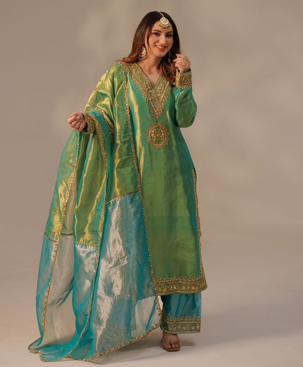 Elegant 3-Piece Set: Work Top, Palazzo & Dupatta