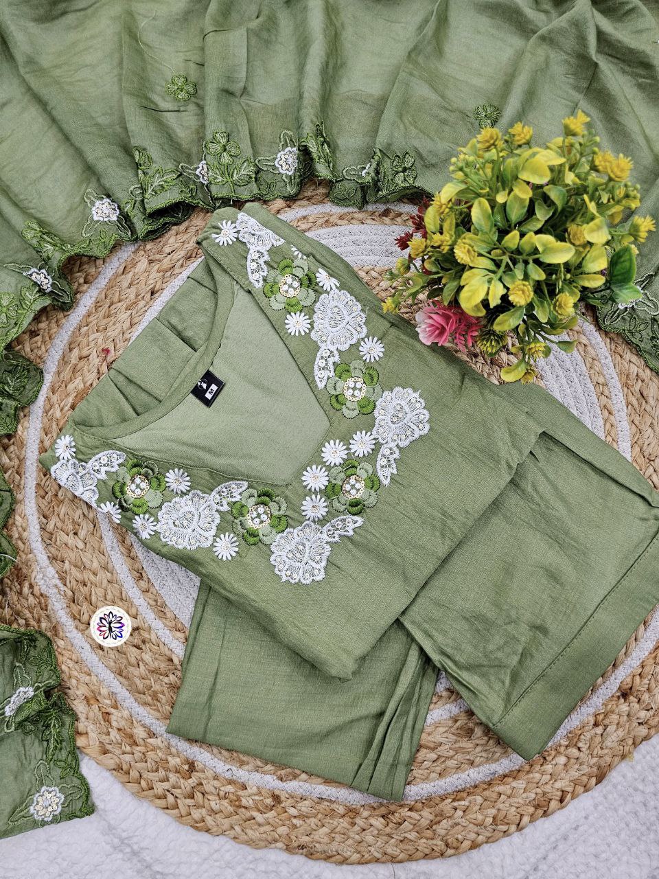 Bitalian Fabric Fully Stitched Top-Bottom & Chanderi Dupatta With Embroidery Work